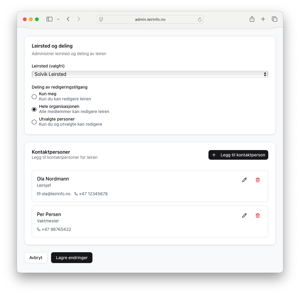 Leirinfo admin - kontaktpersoner