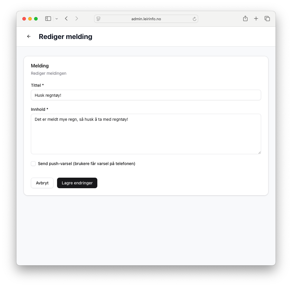 Leirinfo admin - meldinger
