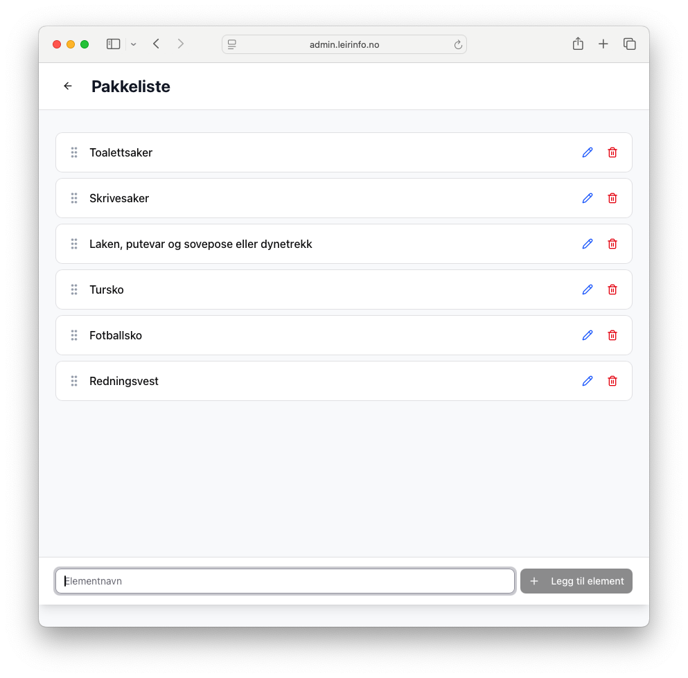 Leirinfo admin - pakkeliste editor
