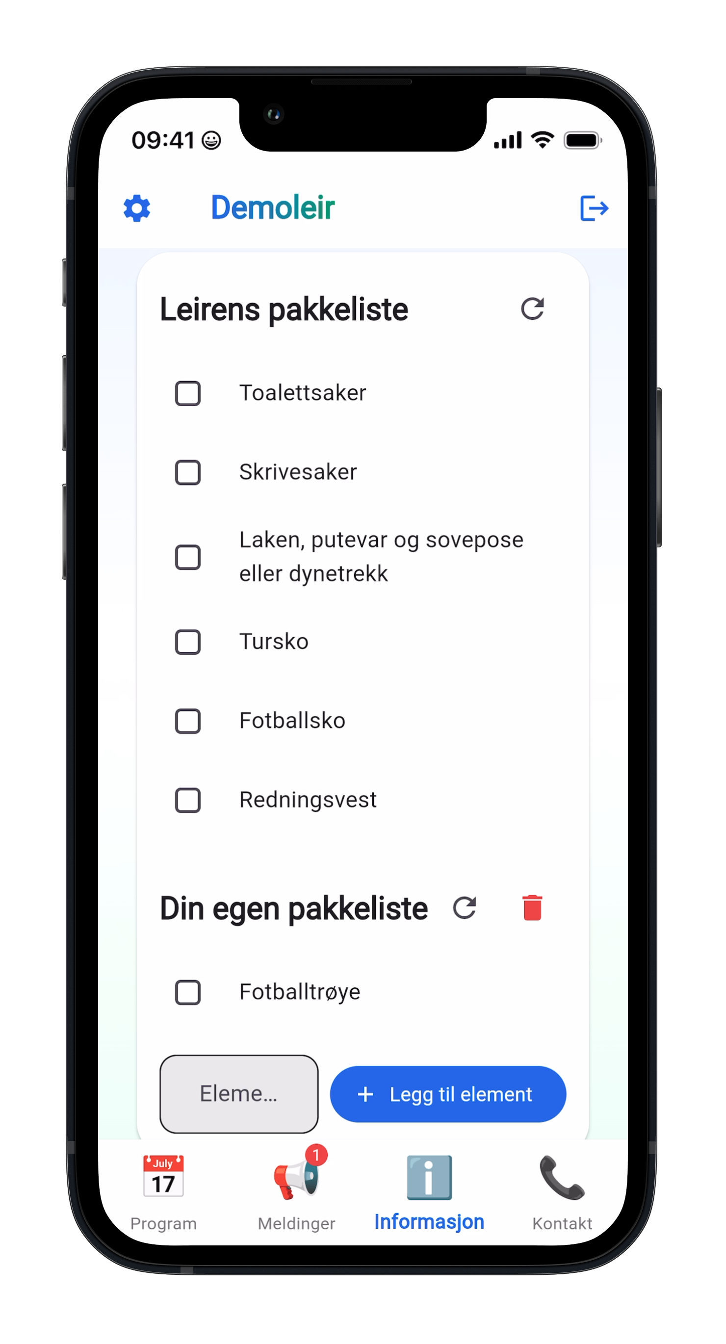 Leirinfo app - pakkeliste